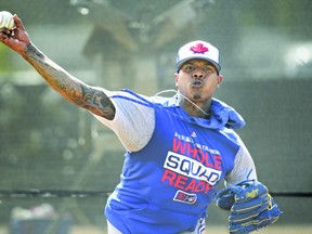 Toronto Blue Jays pitcher Marcus Stroman (6) throws a bullpen session during baseball spring training in Dunedin, Fla.. Right-hander Marcus Stroman will get the start on opening day for the Toronto Blue Jays. Manager Charlie Montoyo confirmed the decision before Wednesday's pre-season game against the Baltimore Orioles at Ed Smith Stadium. THE CANADIAN PRESS/Nathan Denette
