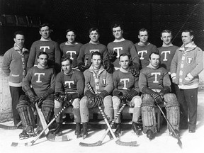This group portrait, selected from the Toronto Telegram newspaper archives, features the gentlemen who were members of the very first Toronto team to win the coveted Stanley Cup. The team was known by a variety of names - including the Torontos, the Toronto Ontarios, the Blueshirts and the Blue Shirts - and consisted of Messrs Corbeau, McGiffin, Walker, McNamara, Wilson, Foyston, Cameron, Holmes, Davidson, Harriston, Marshall and brothers Dick and Frank Carroll, the former the team trainer, the latter its coach. When the net receipts for the Toronto-Victoria Stanley Cup final series at the Arena were added up, each Toronto player was given $297 for his efforts in bringing the fist Cup to our city.