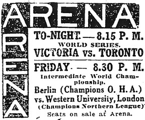 This March 19, 1914, newspaper ad for the fifth game in the 1913-14 Stanley Cup finals at the Arena Gardens on Mutual St. described the games as a “World Series” event.