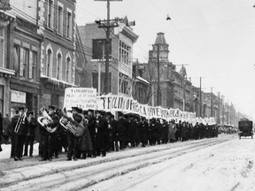 To demonstrate their desire to turn Ontario into a dry province, huge numbers of concerned Torontonians took part in a massive parade down University Ave. on March 8, 1916. Marchers helped carry what had become known as the "half-mile banner." The wording on this banner promoted a "dry" Ontario, something that 825,000 citizens had already supported by signing a petition. The final words on the banner were "Ontario dry by the first of July." They were close. The new Ontario Temperance Act came into effect Sept. 16, 1916, and was in force until the new LCBO took over 11 years later. In a rather un-Canadian characteristic activity, dozens of opponents to the wording on the banner tore it to sheds. (credit: Ontario Archives)