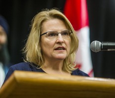Ontario Minister of Community Safety and Correctional Services Sylvia Jones addresses media after the federal government made a funding announcement to the province under the Initiative to Take Action Against Gun and Gang Violence held at York Region District School Board in Aurora, Ont. on Tuesday, March 12, 2019. (Ernest Doroszuk/Toronto Sun/Postmedia)