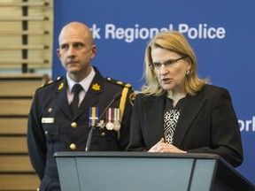 Ontario Minister of Community Safety and Correctional Services Sylvia Jones speaks to media after York Regional Police Deputy Chief Thomas Carrique (left) was named as the new OPP commissioner during a press conference in Aurora on Monday, March 11, 2019. (Ernest Doroszuk/Toronto Sun/Postmedia)