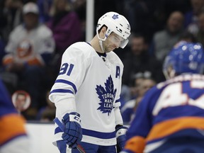 John Tavares and the Maple Leafs can expect another chilly reception when they visit the New York Islanders, his former team, on Monday night. (Kathy Willens/The Associated Press)
