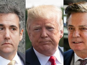 Michael Cohen (L), former personal lawyer for US President Donald Trump, US President Donald Trump [copy] and former Trump campaign Manager Paul Manafort. (Don Emmert,Nicholas Kamm,Mandel Ngan/AFP/Getty Images)