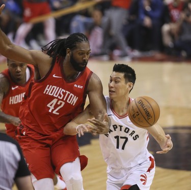 Toronto Raptors guard Kyle Lowry (7) and Houston Rockets center Nene Hilario (42)on Tuesday March 5, 2019. The Toronto Raptors host the Houston Rockets at the Scotiabank Arena in Toronto, Ont. Veronica Henri/Toronto Sun/Postmedia Network