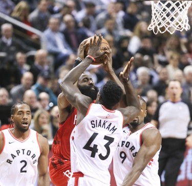 Toronto Raptors forward Pascal Siakam (43) and Houston Rockets guard James Harden (13)on Tuesday March 5, 2019. The Toronto Raptors host the Houston Rockets at the Scotiabank Arena in Toronto, Ont. Veronica Henri/Toronto Sun/Postmedia Network