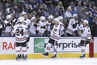 Blackhawks score on Wednesday March 13, 2019. The Toronto Maple Leafs host the Chicago Blackhawks at the Scotiabank Arena in Toronto. Veronica Henri/Toronto Sun/Postmedia Network