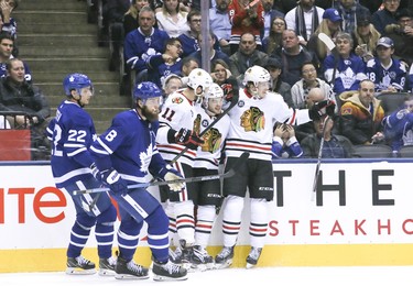 Blackhawks score in the second period on Wednesday March 13, 2019. The Toronto Maple Leafs host the Chicago Blackhawks at the Scotiabank Arena in Toronto. Veronica Henri/Toronto Sun/Postmedia Network