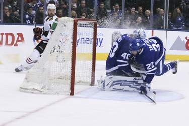 Toronto Maple Leafs goaltender Garret Sparks (40) and Toronto Maple Leafs defenseman Nikita Zaitsev (22)on Wednesday March 13, 2019. The Toronto Maple Leafs host the Chicago Blackhawks at the Scotiabank Arena in Toronto. Veronica Henri/Toronto Sun/Postmedia Network