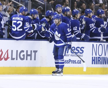 Toronto Maple Leafs left wing Andreas Johnsson (18) scores in the second period on Wednesday March 13, 2019. The Toronto Maple Leafs host the Chicago Blackhawks at the Scotiabank Arena in Toronto. Veronica Henri/Toronto Sun/Postmedia Network