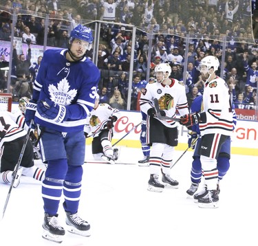 Toronto Maple Leafs center Auston Matthews (34) scores in the third but does not react after the goal on Wednesday March 13, 2019. The Toronto Maple Leafs host the Chicago Blackhawks at the Scotiabank Arena in Toronto. Veronica Henri/Toronto Sun/Postmedia Network