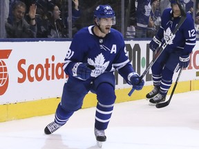 Toronto Maple Leafs John Tavares (91) scores in the third on Wednesday March 13, 2019. The Toronto Maple Leafs host the Chicago Blackhawks at the Scotiabank Arena in Toronto. Veronica Henri/Toronto Sun/Postmedia Network