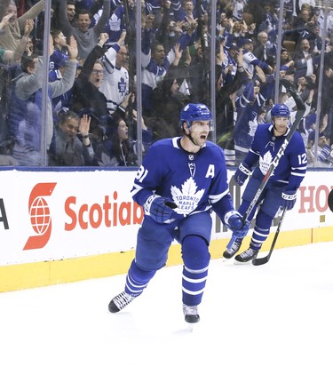 Toronto Maple Leafs center John Tavares (91) scores in the third on Wednesday March 13, 2019. The Toronto Maple Leafs host the Chicago Blackhawks at the Scotiabank Arena in Toronto. Veronica Henri/Toronto Sun/Postmedia Network