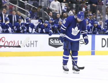 Toronto Maple Leafs defenseman Jake Muzzin (8) in the middle of the ice after there was no goal on Wednesday March 13, 2019. The Toronto Maple Leafs host the Chicago Blackhawks at the Scotiabank Arena in Toronto. Veronica Henri/Toronto Sun/Postmedia Network