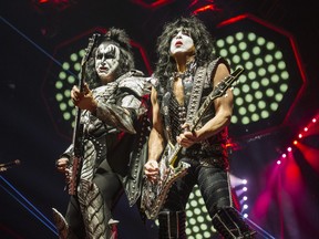 Singer-bassist Gene Simmons (left) and singer-guitarist Paul Stanley of Kiss perform during The Final Tour Ever at the Scotiabank Arena in Toronto, Ont. on Wednesday, March 20, 2019. (Ernest Doroszuk/Toronto Sun/Postmedia Network)