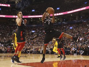 Kyle Lowry (right) and Fred VanVleet have been working the ball around nicely for the Raptors. (Jack Boland/Toronto Sun)