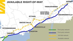 This map shows the available network of tracks for VIA Rail’s proposed high-frequency rail project.