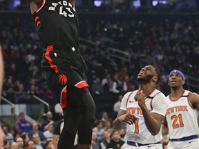 Raptors' Pascal Siakam dunks against the New York Knicks during their game last week. (AP PHOTO)