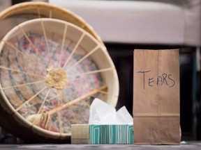 A paper bag used to collect the tears of those testifying, to then be burned in a sacred fire, is seen at the final day of hearings at the National Inquiry into Missing and Murdered Indigenous Women and Girls, in Richmond, B.C., on April 8, 2018.  (THE CANADIAN PRESS/Darryl Dyck)