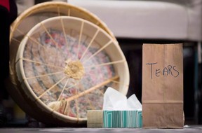 A paper bag used to collect the tears of those testifying, to then be burned in a sacred fire, is seen at the final day of hearings at the National Inquiry into Missing and Murdered Indigenous Women and Girls, in Richmond, B.C., on April 8, 2018. (THE CANADIAN PRESS/Darryl Dyck)