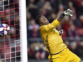 New York City goalkeeper Sean Johnson can't get to a shot by Toronto FC's Alejandro Pozuelo during last week's game. (THE CANADIAN PRESS)