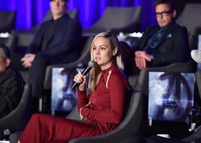 Brie Larson and Robert Downey Jr. speak onstage during Marvel Studios’ “Avengers: Endgame” Global Junket Press Conference at the InterContinental Los Angeles Downtown on April 7, 2019 in Los Angeles.