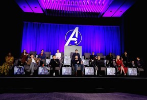 (Back L-R) Karen Gillan, Paul Rudd, Scarlett Johansson, Marvel Studios president Kevin Feige, Robert Downey Jr., Don Cheadle and Chris Hemsworth, (front L-R) Danai Gurira, Jeremy Renner, director Anthony Russo, Chris Evans, director Joe Russo, Brie Larson and Mark Ruffalo speak onstage during Marvel Studios’ “Avengers: Endgame” Global Junket Press Conference at the InterContinental Los Angeles Downtown on April 7, 2019 in Los Angeles.