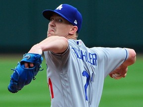 Walker Buehler of the Los Angeles Dodgers admits his slow start was likely the result of not pitching enough during March exhibition games. (Photo by Jeff Curry/Getty Images)