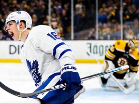 Toronto Maple Leafs Mitch Marner reacts after scoring a penalty on Tuukka Rask of the Boston Bruins in the second period of Game 1 of the Eastern Conference First Round during the 2019 NHL Stanley Cup Playoffs at TD Garden on April 11, 2019 in Boston. (Adam Glanzman/Getty Images)