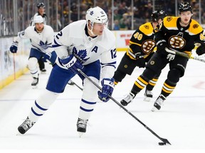Patrick Marleau of the Toronto Maple Leafs skates with the puck in the second period of a game against theBoston Bruins in Game One of the Eastern Conference First Round during the 2019 NHL Stanley Cup Playoffs at TD Garden on April 11, 2019 in Boston, Massachusetts.
