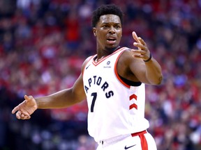 TORONTO, ON - APRIL 13:  Kyle Lowry #7 of the Toronto Raptors reacts after a call by an official in the first half during Game One of the first round of the 2019 NBA Playoff against the Orlando Magic at Scotiabank Arena on April 13, 2019 in Toronto, Canada.  NOTE TO USER: User expressly acknowledges and agrees that, by downloading and or using this photograph, User is consenting to the terms and conditions of the Getty Images License Agreement.  (Photo by Vaughn Ridley/Getty Images)