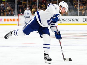 Morgan Rielly played big mintues in the Leafs' win against the Bruins on Monday night. Adam Glanzman/Getty Images)