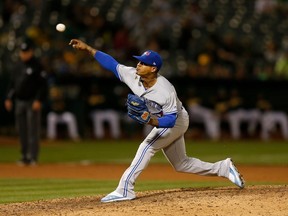 Starting pitcher Marcus Stroman #6 of the Toronto Blue Jays pitches in the bottom of the ninth inning against the Oakland Athletics at Oakland-Alameda County Coliseum on April 19, 2019 in Oakland, California. (Photo by Lachlan Cunningham/Getty Images)