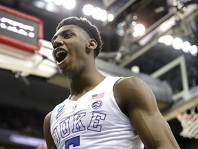 R.J. Barrett #5 of the Duke Blue Devils celebrates a basket against the Michigan State Spartans during the second half in the East Regional game of the 2019 NCAA Men's Basketball Tournament at Capital One Arena on March 31, 2019 in Washington, DC. (Photo by Patrick Smith/Getty Images)