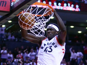 Pascal Siakam #43 of the Toronto Raptors shoots the ball during Game One of the second round of the 2019 NBA Playoffs against the Philadelphia 76ers at Scotiabank Arena on April 27, 2019 in Toronto, Canada.  (Photo by Vaughn Ridley/Getty Images)