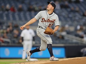 Jordan Zimmermann #27 of the Detroit Tigers delivers a pitch in the first inning against the New York Yankees at Yankee Stadium on April 02, 2019 in New York City. (Photo by Elsa/Getty Images)