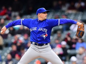 Starting pitcher Aaron Sanchez #41 of the Toronto Blue Jays pitches during the first inning against the Cleveland Indians at Progressive Field on April 04, 2019 in Cleveland, Ohio.