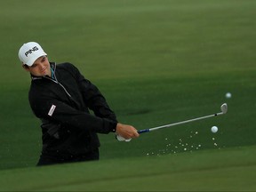 Corey Conners a shot during a practice round prior to the Masters at Augusta National Golf Club on April 9, 2019 in Augusta, Georgia. (Mike Ehrmann/Getty Images)