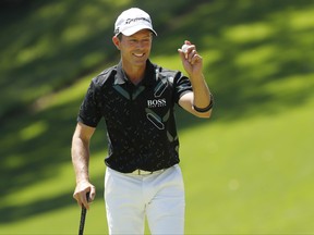 Mike Weir acknowledges patrons during the Par-3 Contest prior to the Masters at Augusta National Golf Club on April 10, 2019 in Augusta, Georgia. (Kevin C. Cox/Getty Images)