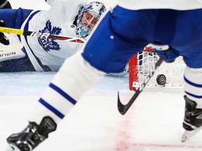 Maple Leafs' Frederik Andersen makes a save against the Bruins last night in Boston. (GETTY IMAGES)