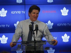 Toronto Maple Leafs coach Mike Babcock talks a news conference earlier this season. (JACK BOLAND/TORONTO SUN)