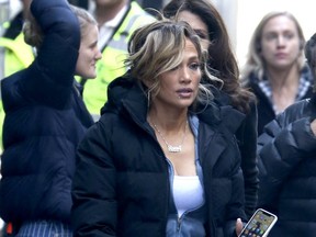 Jennifer Lopez on the film set of 'Hustlers' in New York City on April 4, 2019. (Chloe Bell/ Future  Image/WENN.com)