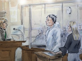 Duncan O'Neil Sinclair, centre, listens as Justice Ruth Kerbel, left, speaks in this artist's sketch from court in Toronto on Saturday, April 13, 2019.