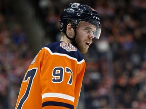 The Edmonton Oilers' Connor McDavid (97) during second period NHL action against the Anaheim Ducks at Rogers Place, in Edmonton Saturday March 30, 2019. Photo by David Bloom