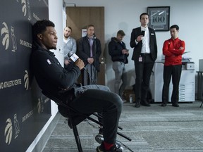 Raptors’ Kyle Lowry talks to the media yesterday. Despite missing all of his shots in Game 1, coach Nick Nurse says he wouldn’t hesitate going to him in the clutch.  Craig Robertson/Toronto Sun