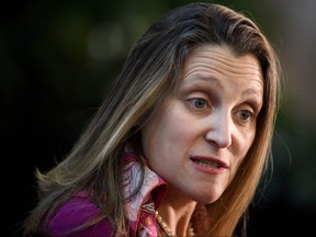 Foreign Minister Chrystia Freeland speaks to the press while arriving for a meeting of NATO foreign ministers at the US Department of State April 4, 2019, in Washington, D.C. (BRENDAN SMIALOWSKI/AFP/Getty Images)