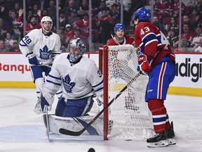 Maple Leafs netminder Frederik Andersen reacts after allowing a goal by Jordan Weal (43) of the Canadiens on Saturday night in Montreal. (Minas Panagiotakis/Getty Images)