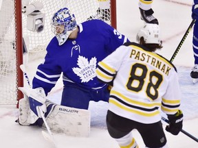 Boston winger David Pastrnak scores on Leafs goalie Frederik Andersen in Game 4. THE CANADIAN PRESS