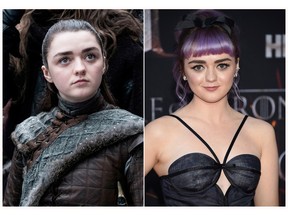This combination photo shows Maisie Williams at HBO's "Game of Thrones" final season premiere in New York on April 3, 2019, right, and her character Arya Stark.