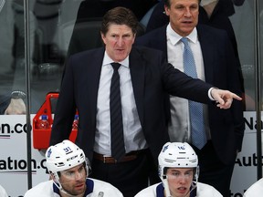 Toronto Maple Leafs head coach Mike Babcock directs his team against the Colorado Avalanche Tuesday, Feb. 12, 2019, in Denver. (AP Photo/David Zalubowski)